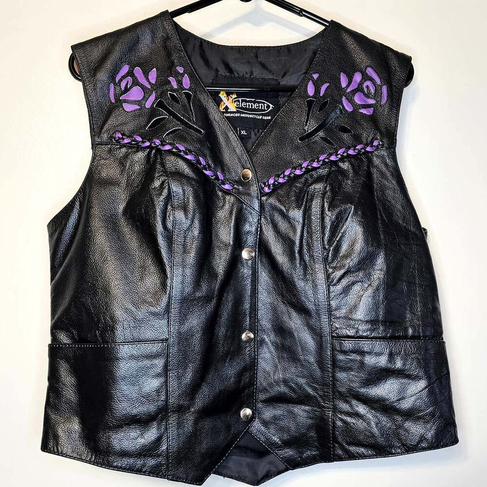 Xelement Womens Leather Motorcycle Vest Purple Rose Accent Snap Front XL Black